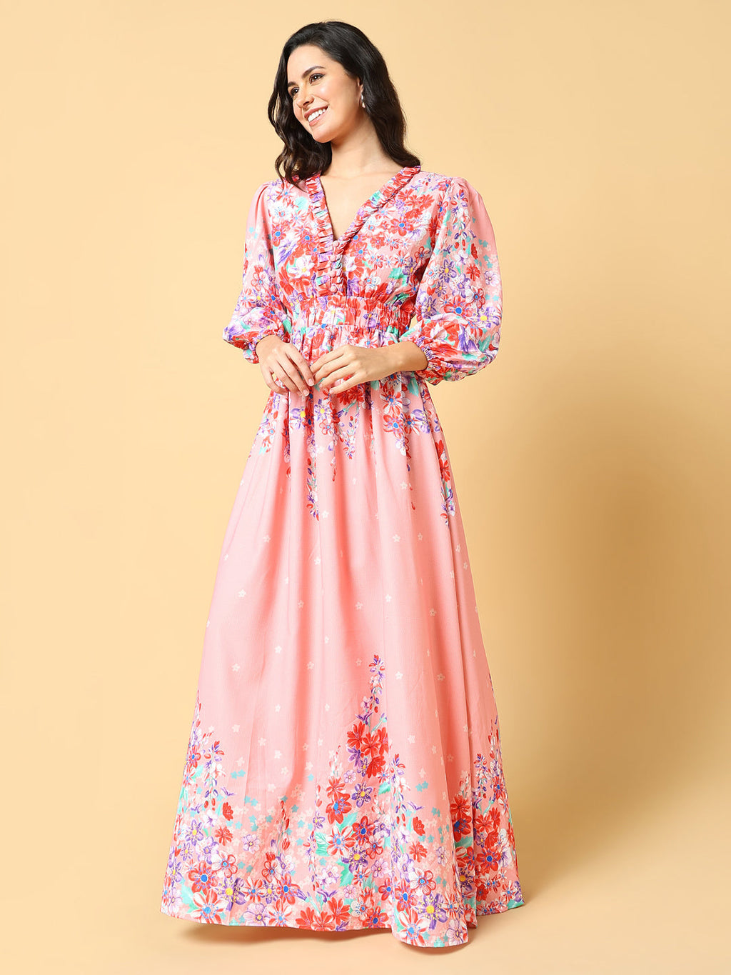 Women's Pink Floral Printed Puff Sleeve Ruffled Fit & Flare Maxi Dress