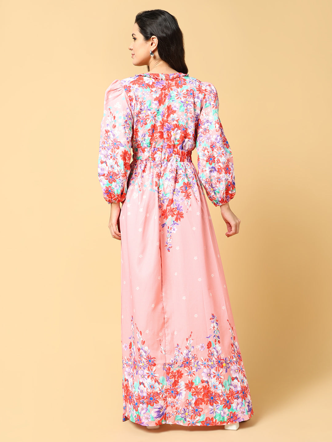 Women's Pink Floral Printed Puff Sleeve Ruffled Fit & Flare Maxi Dress