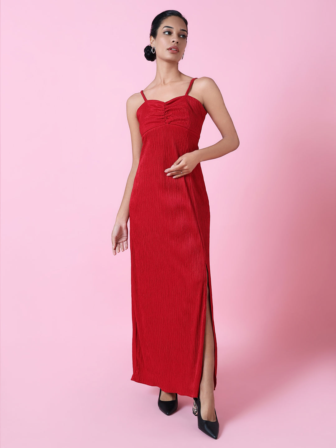 Women's Red Solid Crepe Ready to Wear Maxi Dress