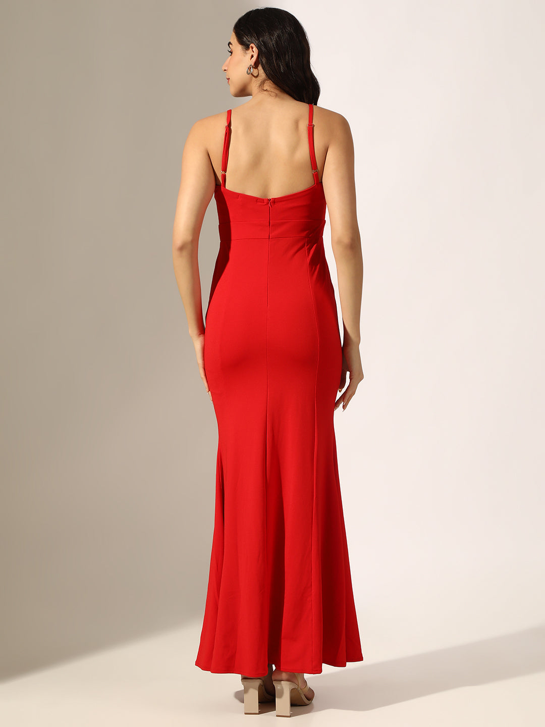 Women's Red Sleeveless Fish Cut Dress with Side Slit