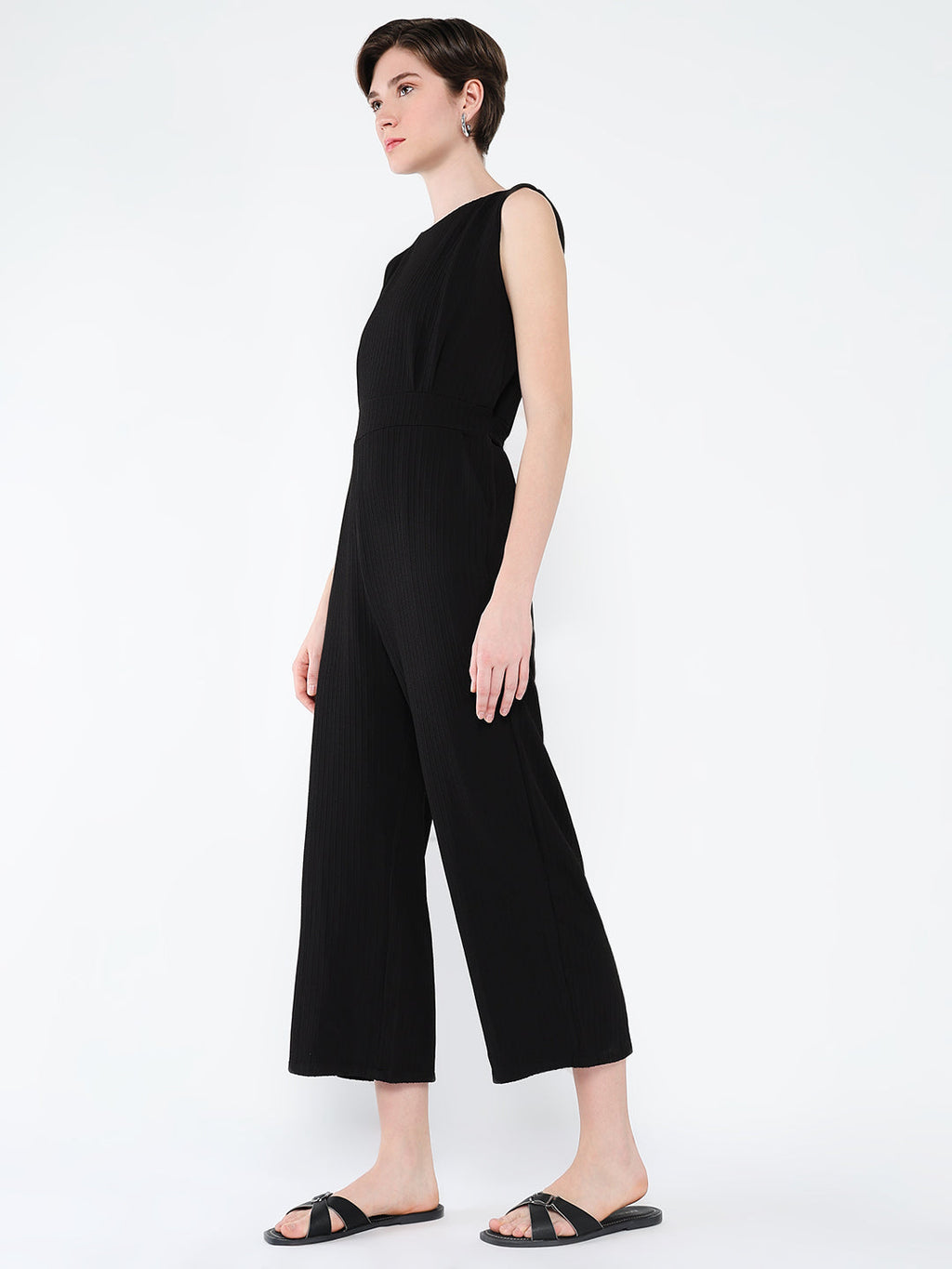 Women's Black Waist Tie-Ups Basic Jumpsuit