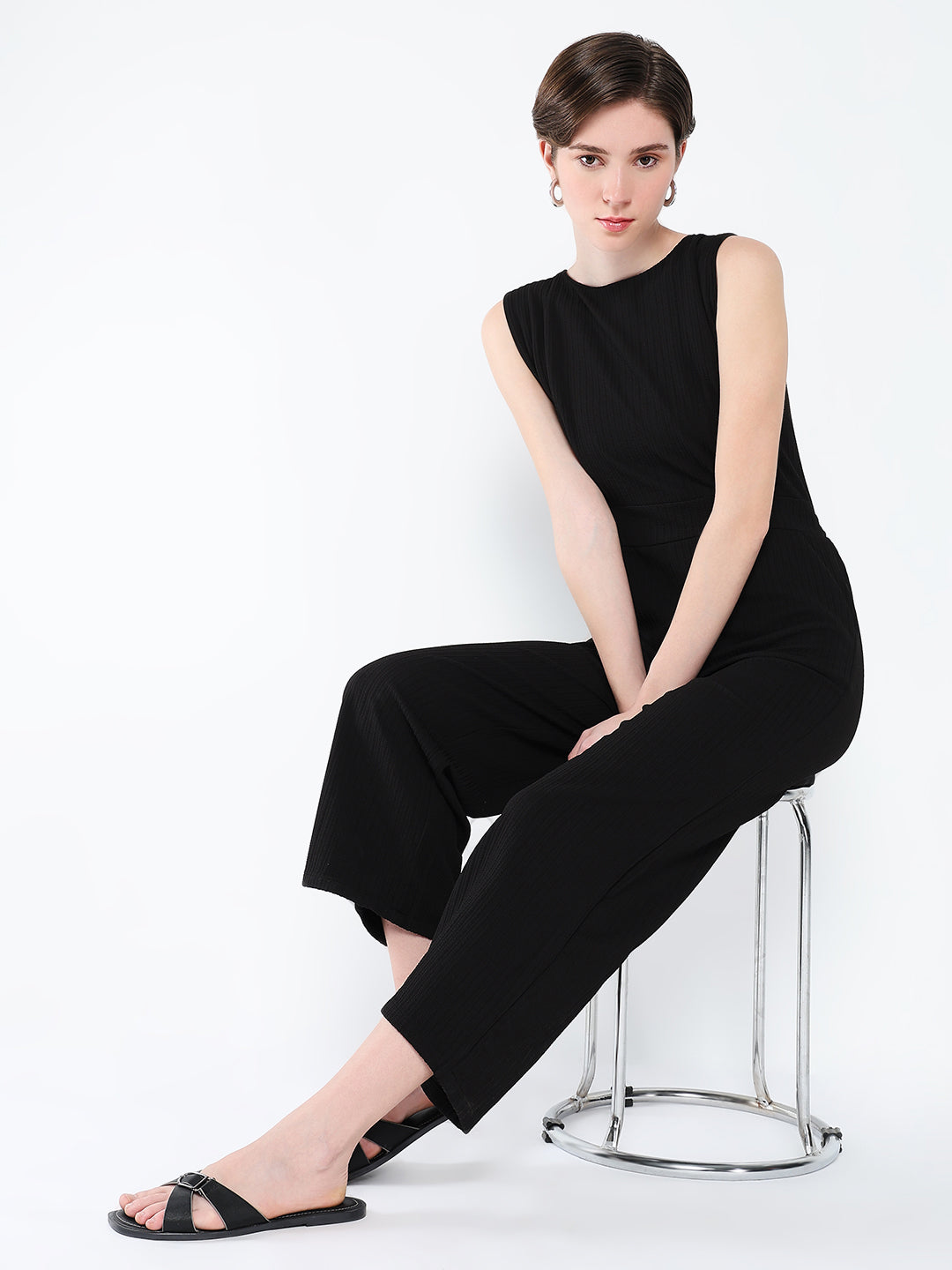 Women's Black Waist Tie-Ups Basic Jumpsuit