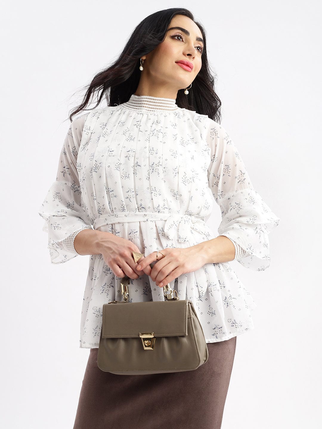 Women's White Self Design High Neck Synthetic Georgette Top