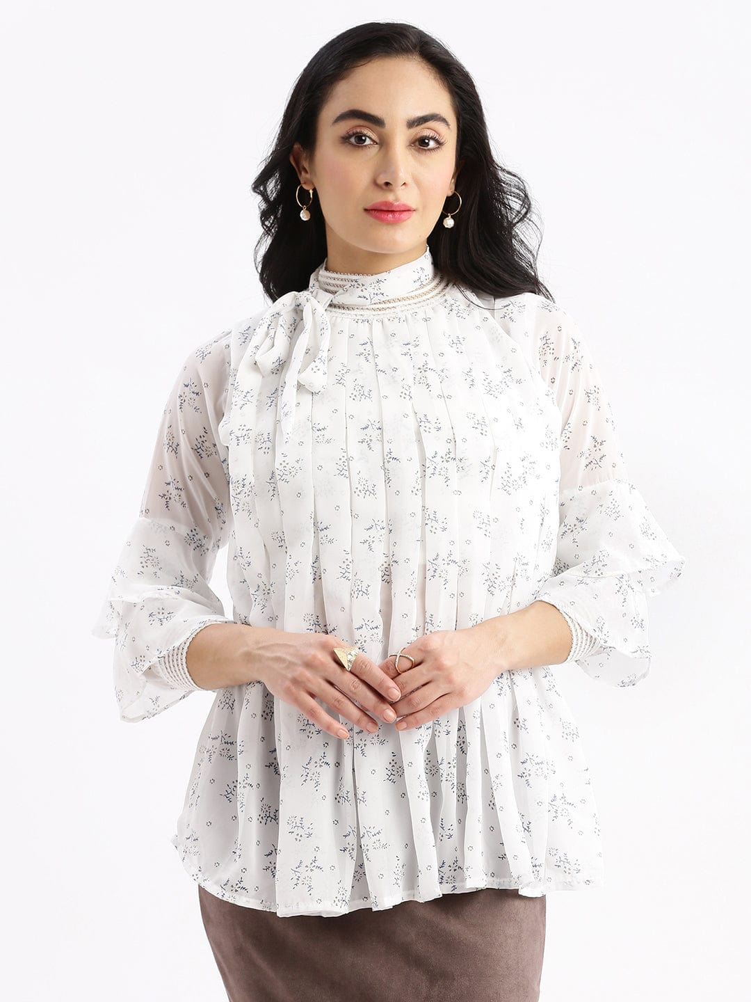 Women's White Self Design High Neck Synthetic Georgette Top
