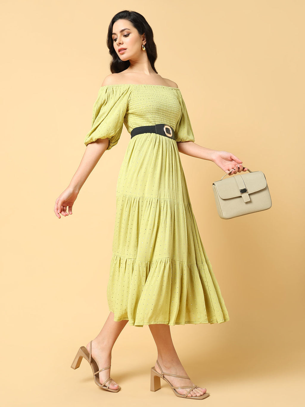 Women's Green Solid Fit and Flare Dress with Belt