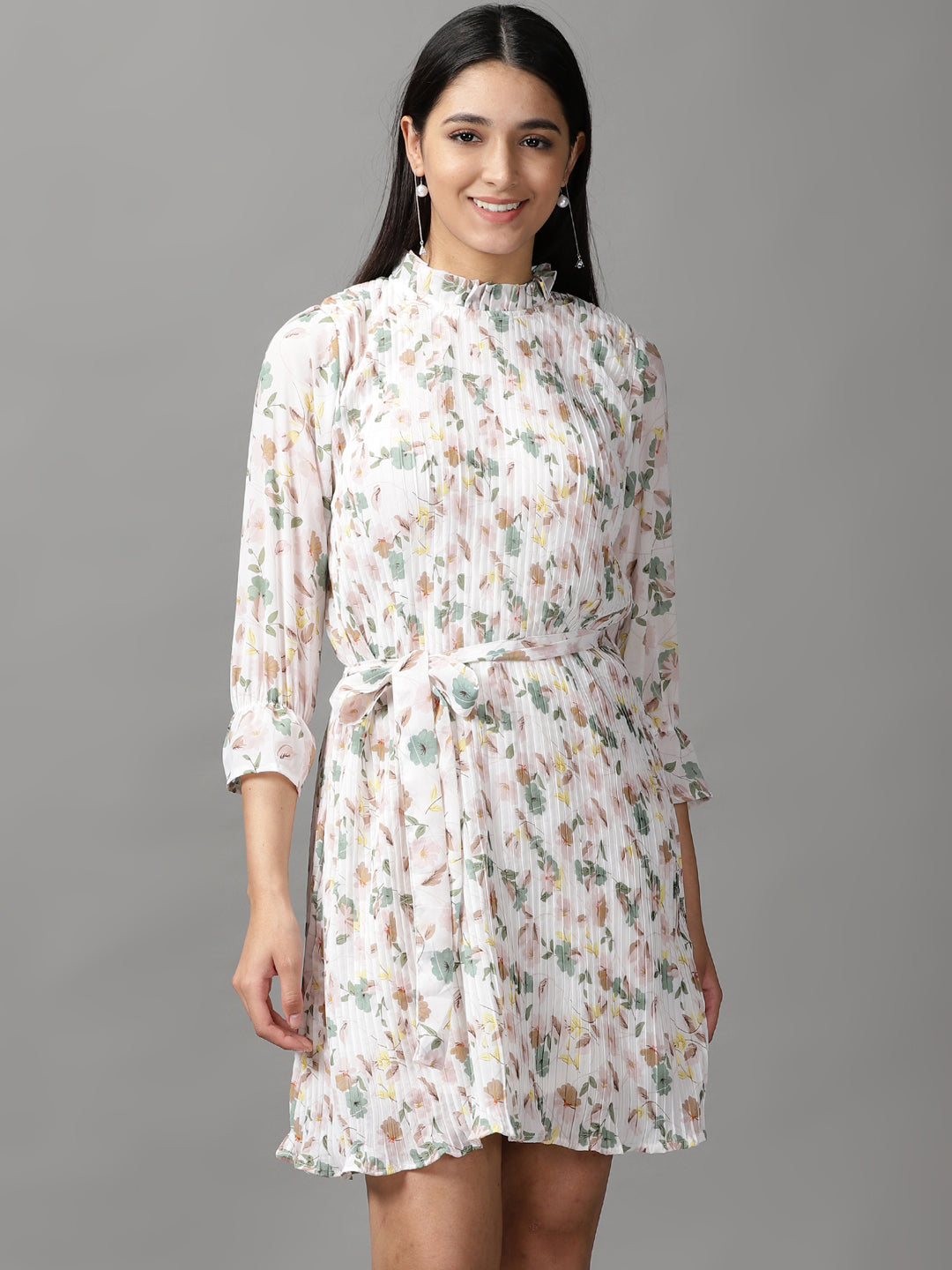 Women's White Floral Printed Fit & Flare Dress