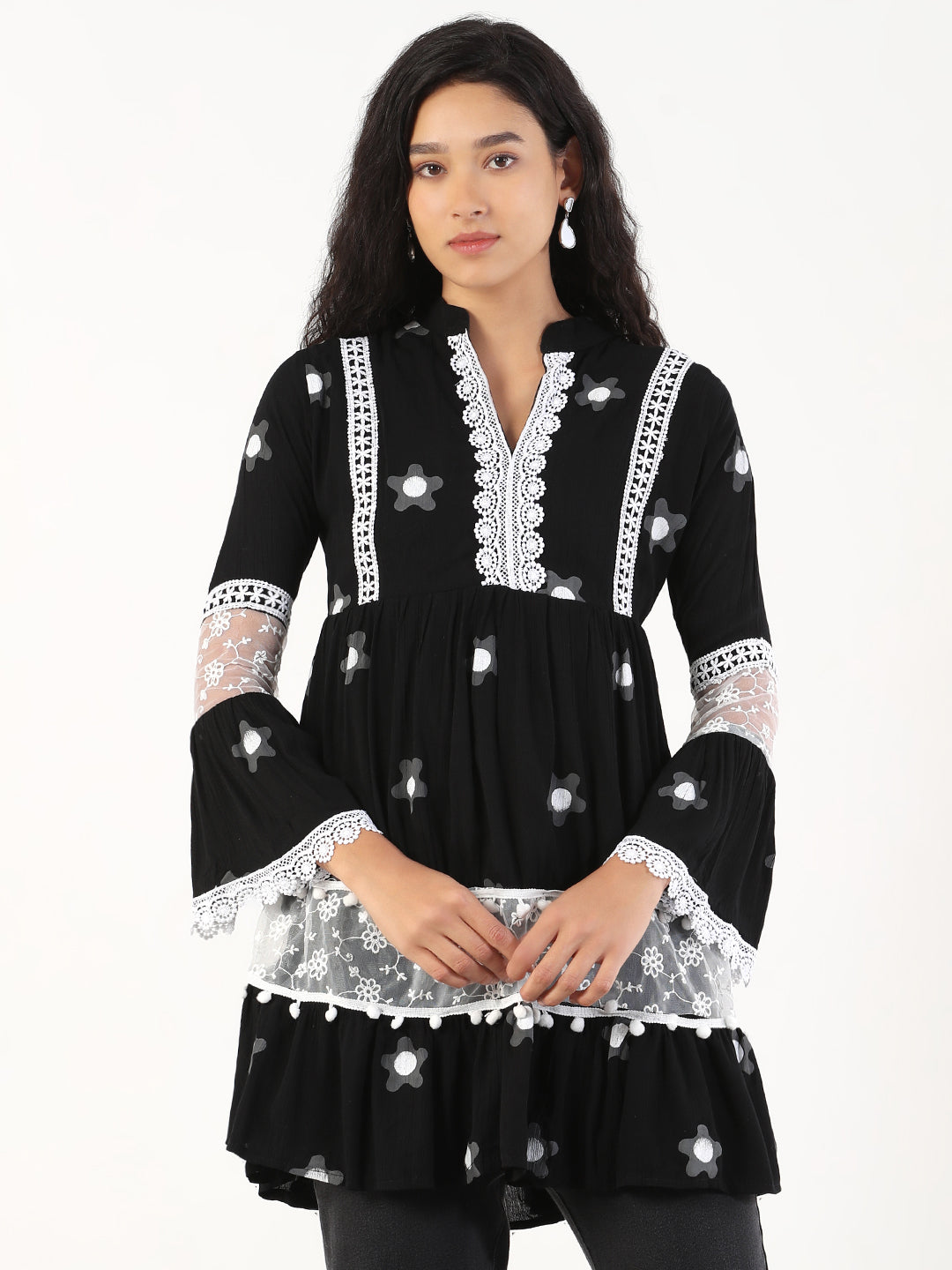 Women's Printed Black Longline Top