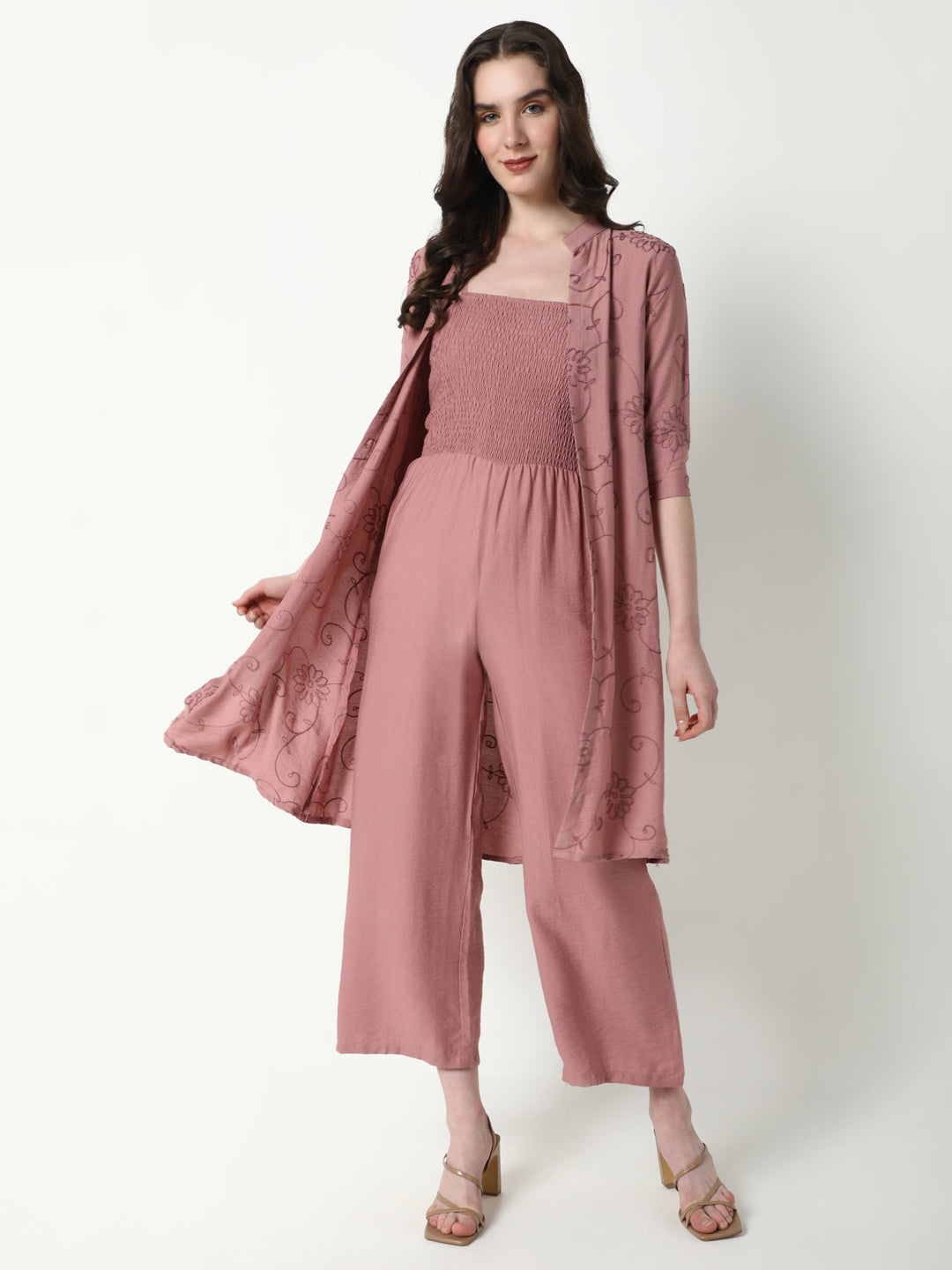 Women's Mauve Cotton Basic Jumpsuit with Shrug