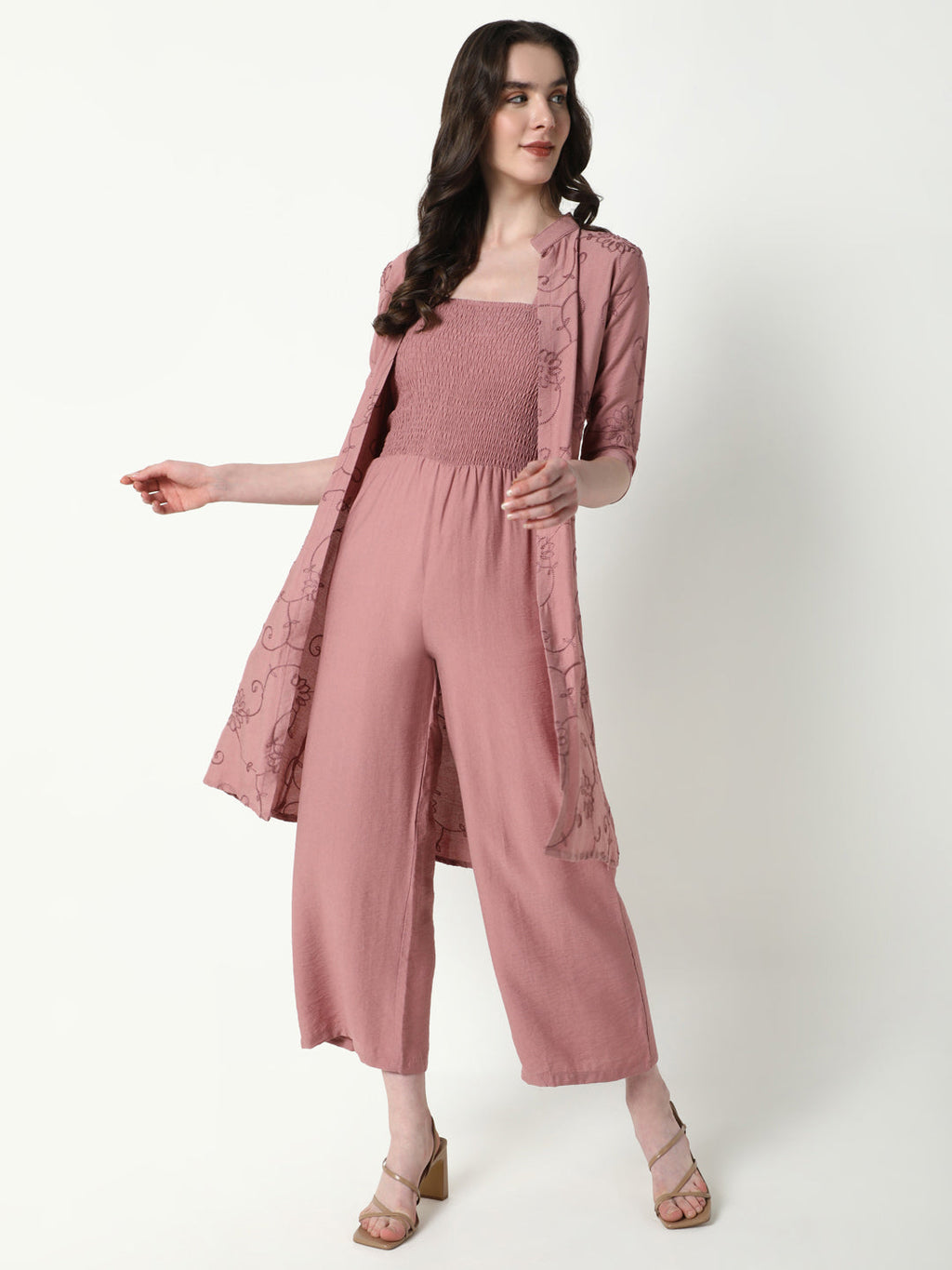 Women's Mauve Cotton Basic Jumpsuit with Shrug