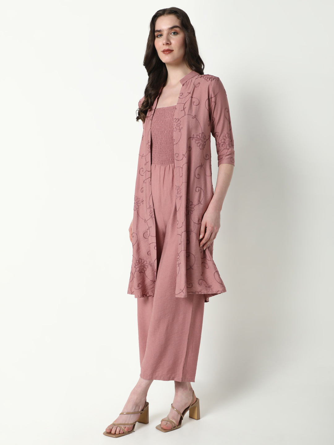 Women's Mauve Cotton Basic Jumpsuit with Shrug