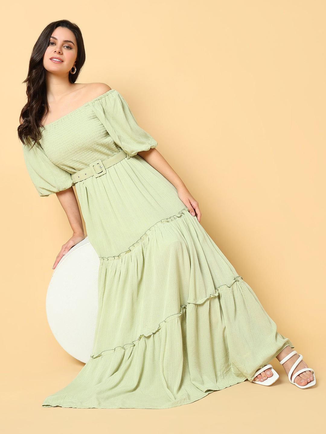 Women's Solid Green Fit and Flare Dress with Belt