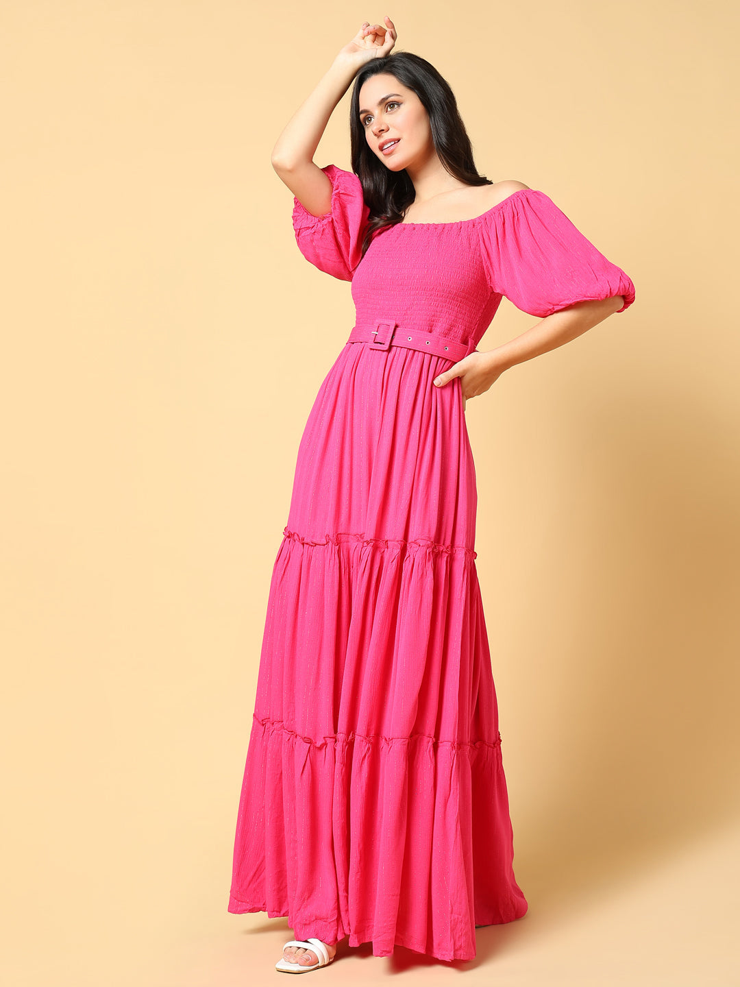 Women's Solid Pink Fit and Flare Dress with Belt