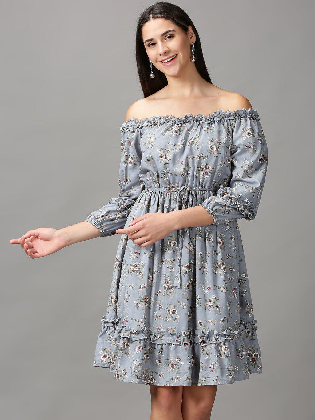Women's Blue Floral Off-Shoulder Fit & Flare Dress