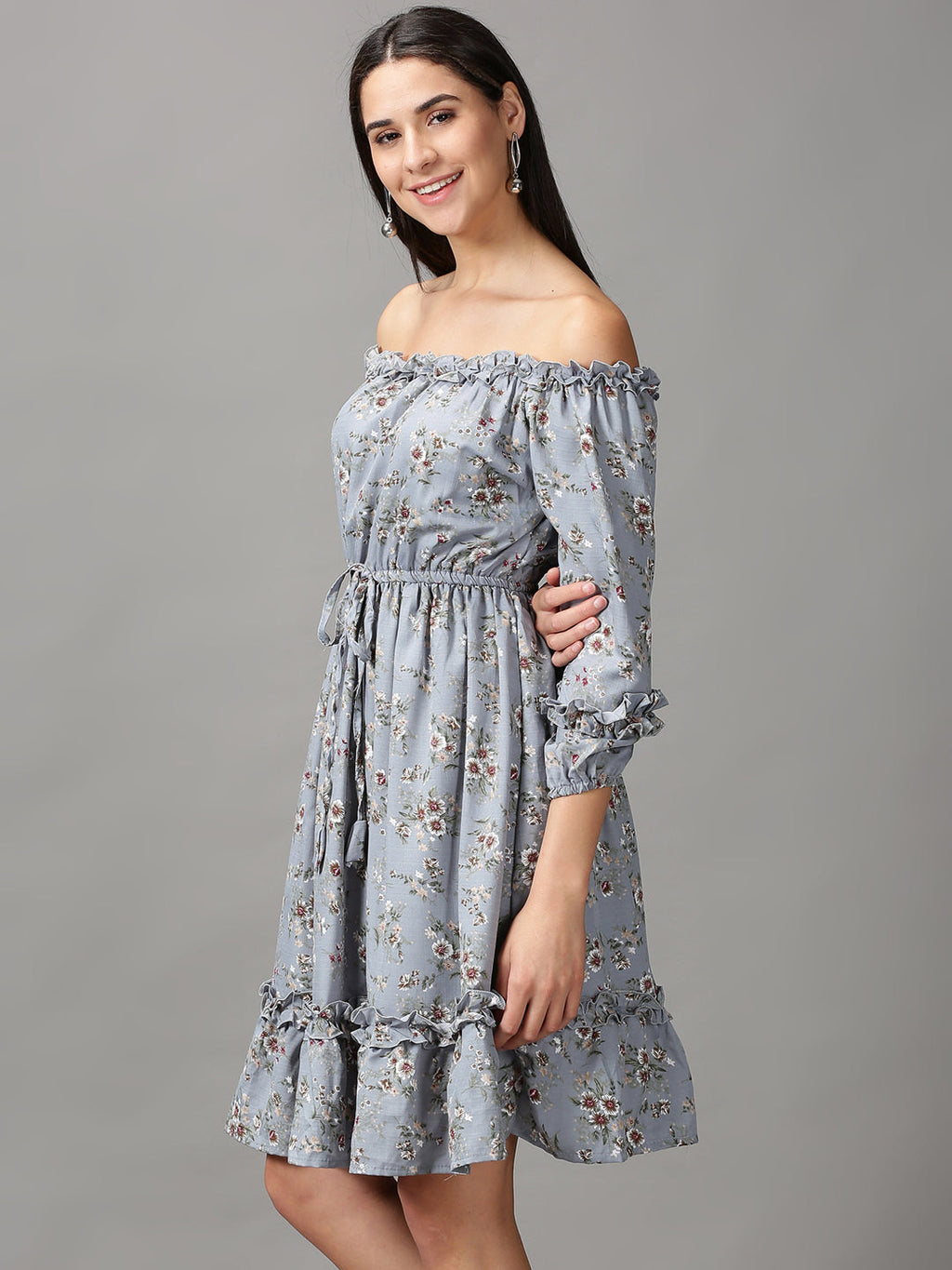 Women's Blue Floral Off-Shoulder Fit & Flare Dress