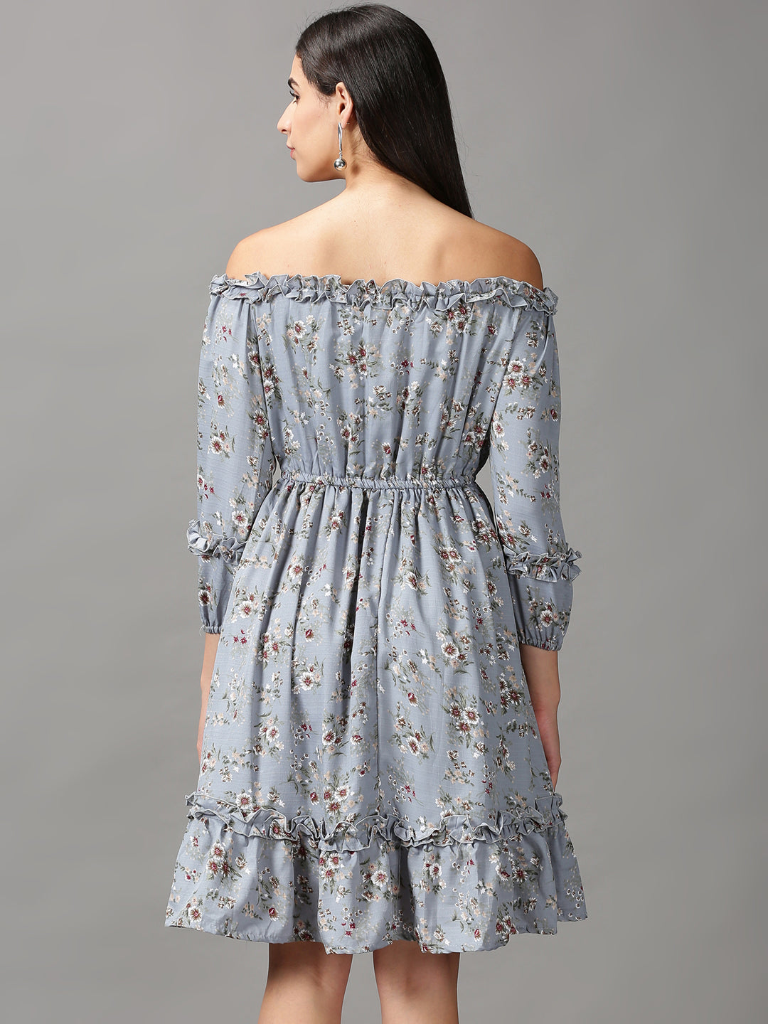 Women's Blue Floral Off-Shoulder Fit & Flare Dress