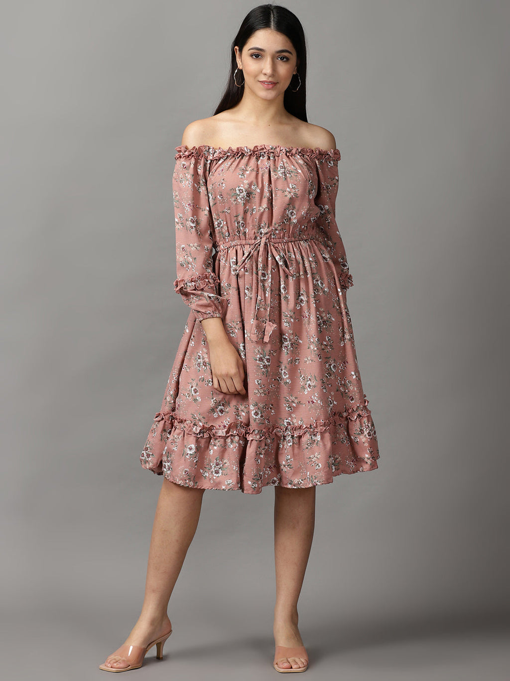 Women's Mauve Floral Off-Shoulder Fit & Flare Dress
