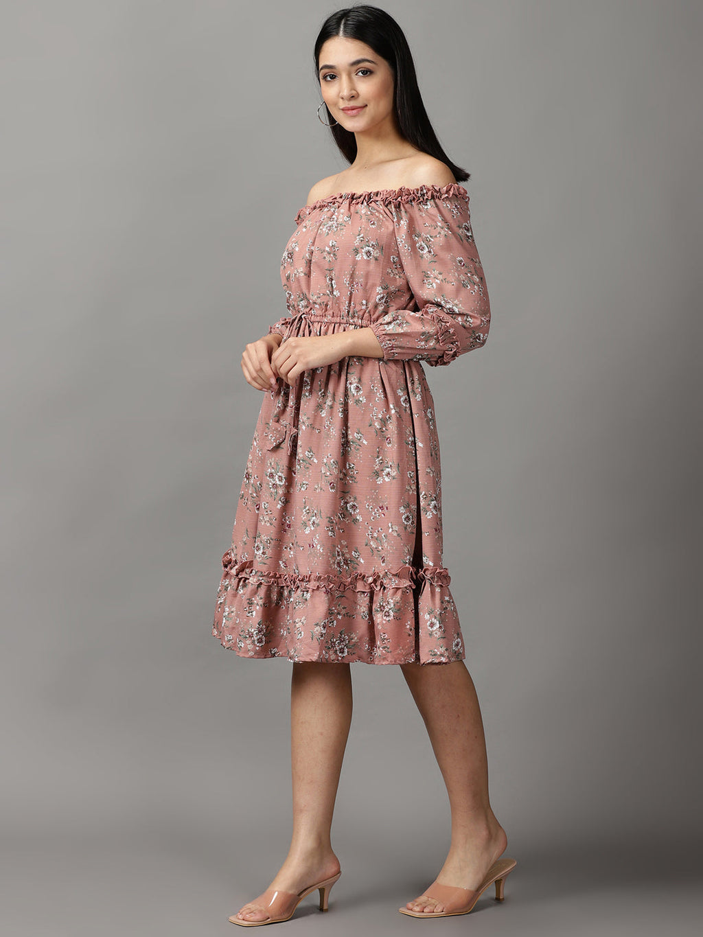 Women's Mauve Floral Off-Shoulder Fit & Flare Dress