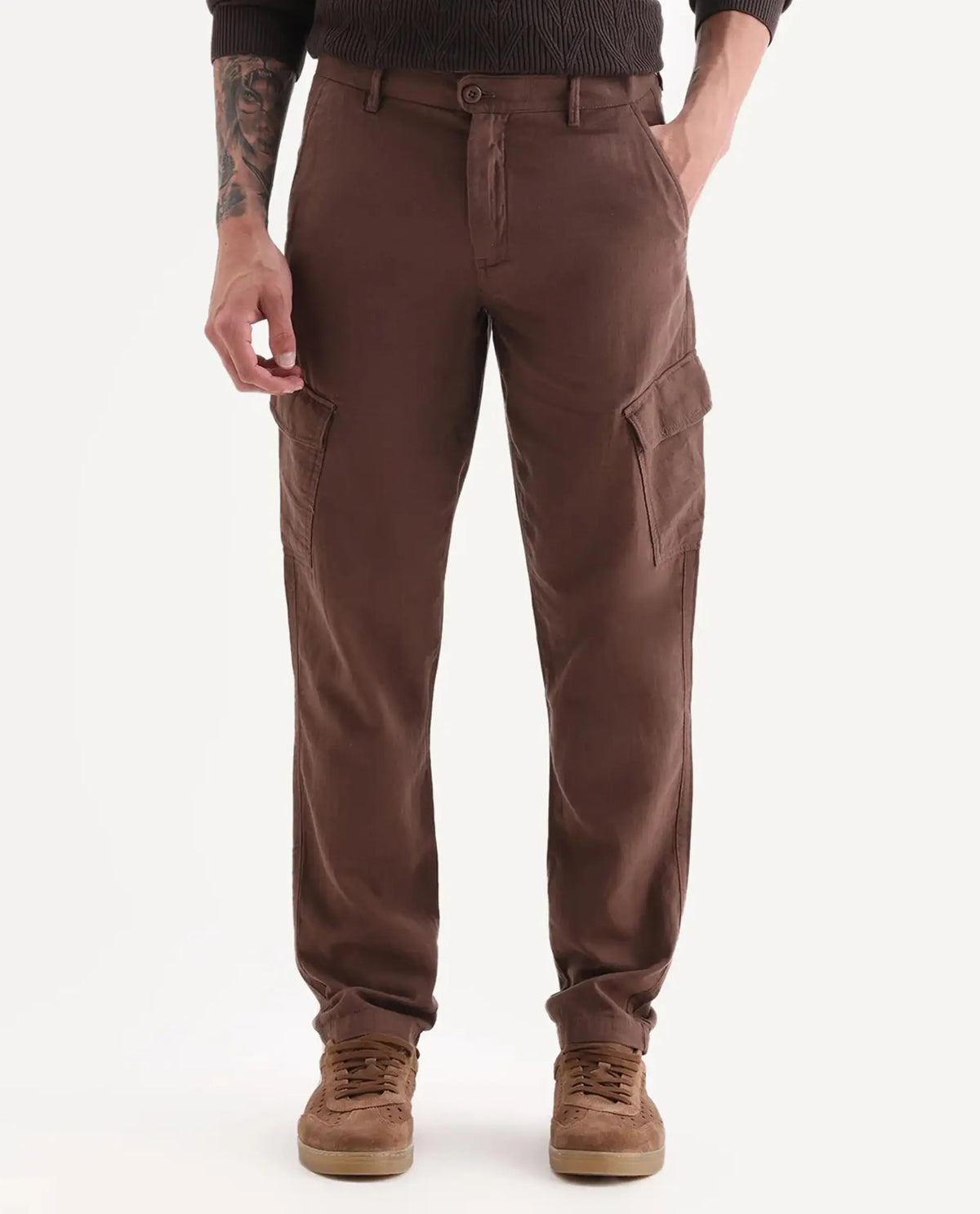 Rare Rabbit Men's Presso 25 Dusky Brown Cotton Blend Plain Relaxed Fit Trouser