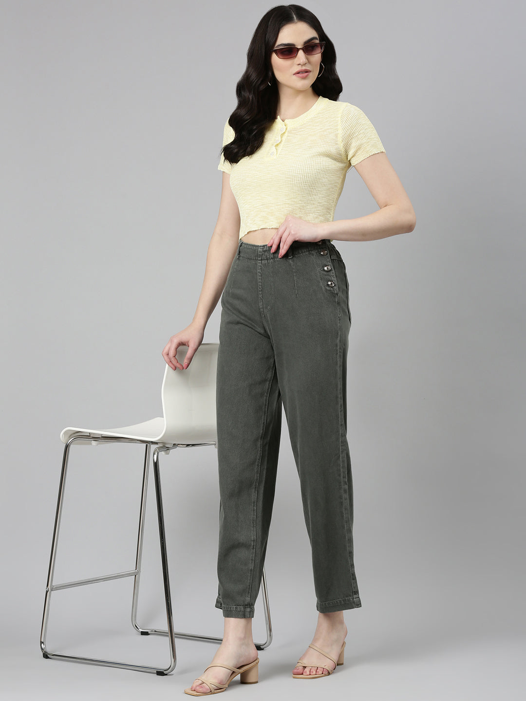 Women's Olive Retro Denims Wide Leg Jeans