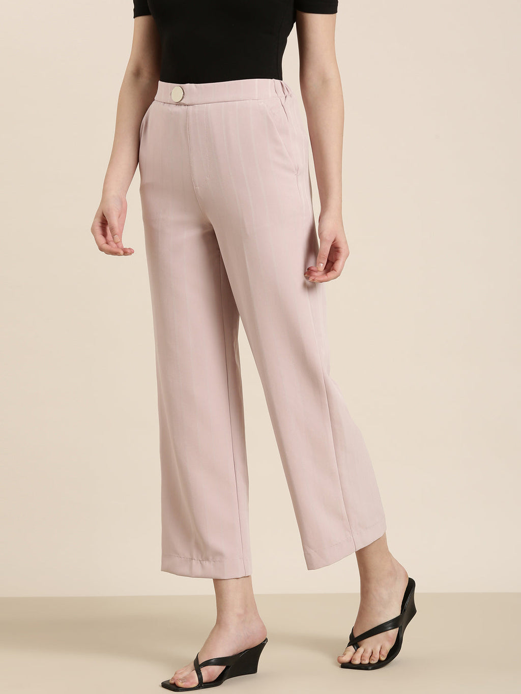 Women's Pink Relaxed Loose Fit High-Rise Trousers