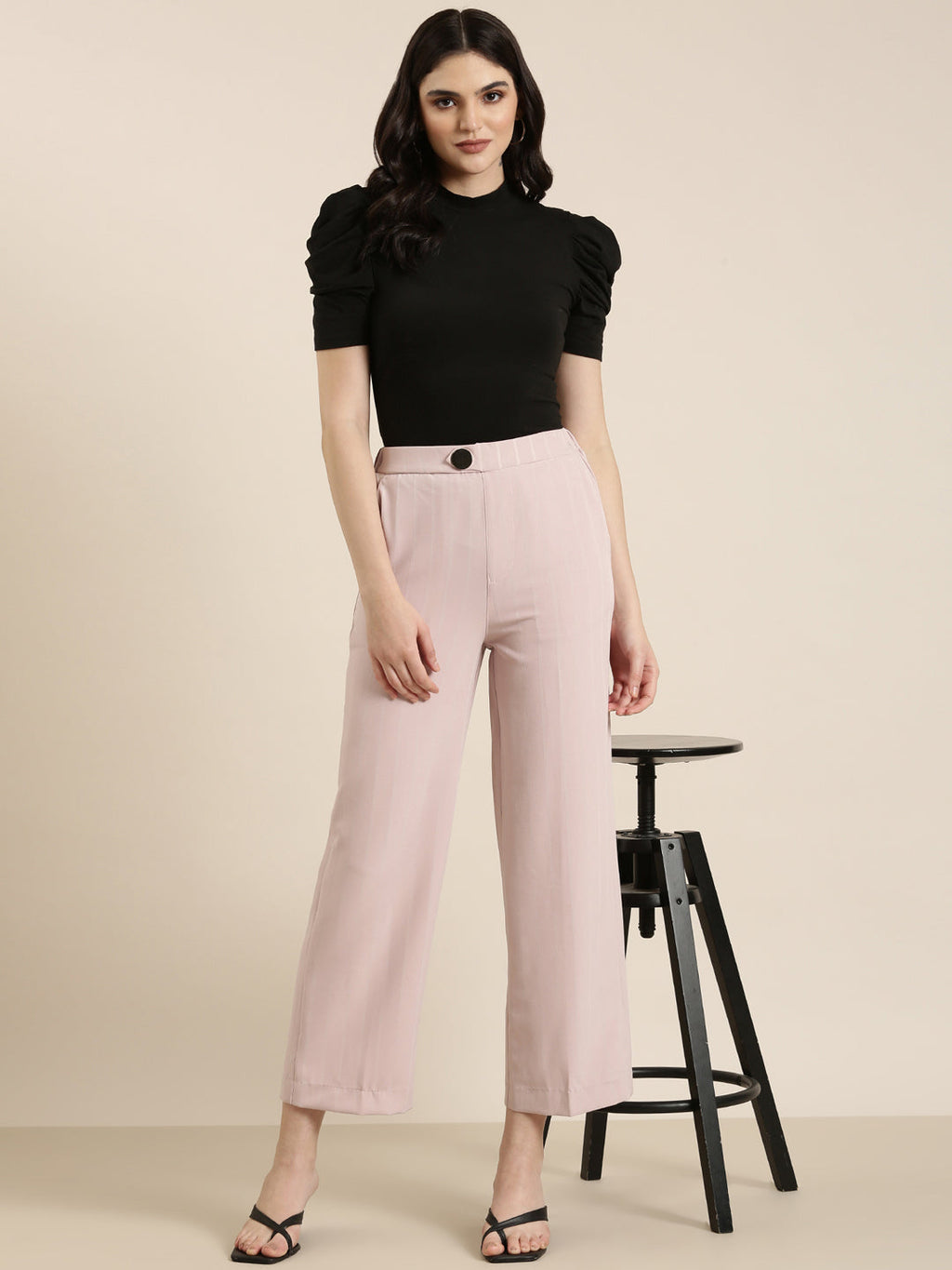 Women's Pink Relaxed Loose Fit High-Rise Trousers