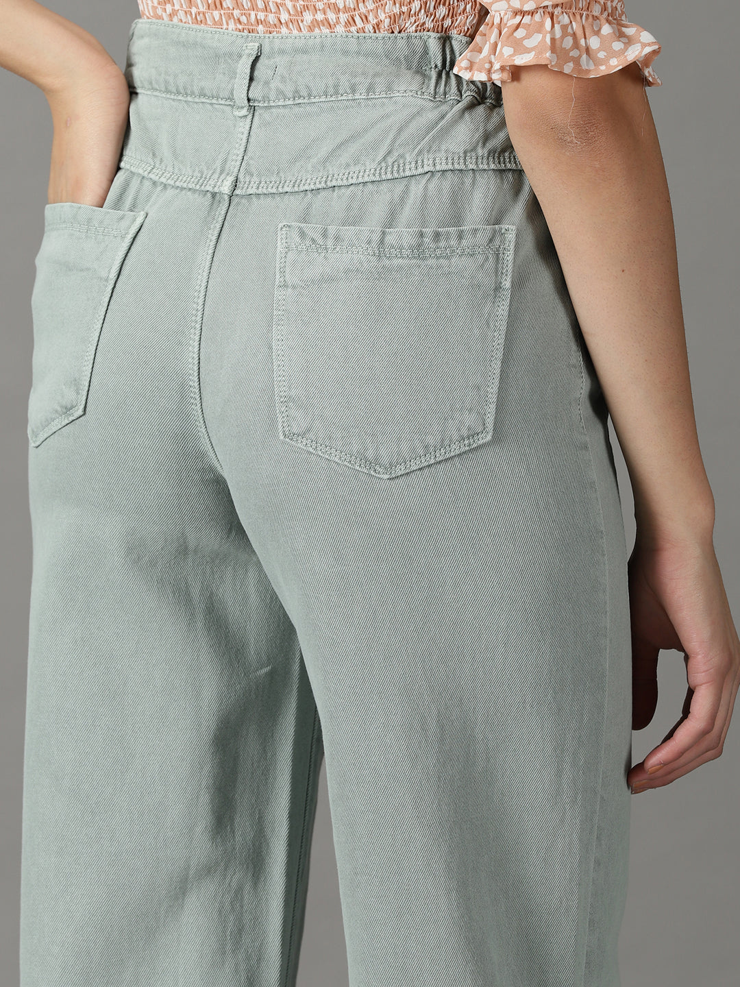Women's Green Wide Leg High-Rise Cotton Jeans