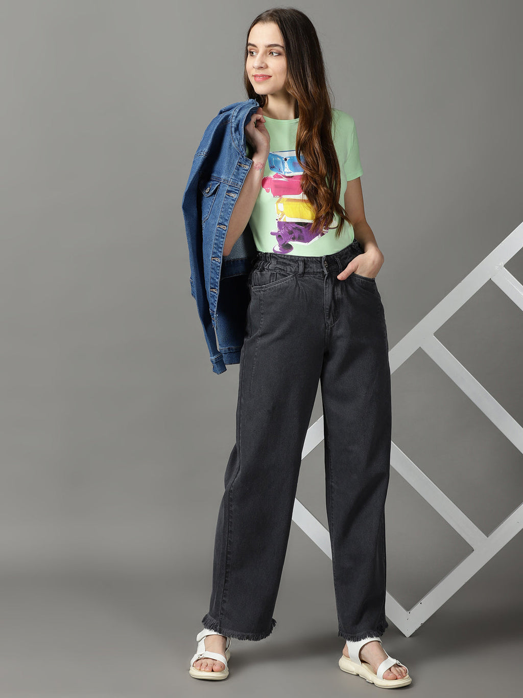 Women's Grey Wide Leg High-Rise Cotton Jeans