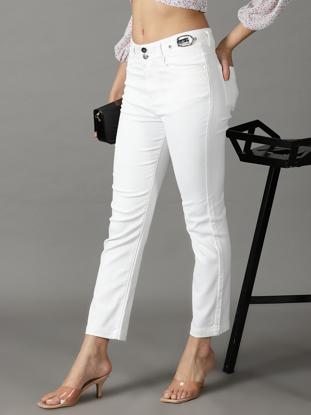 Women's White Solid Fit Denim Jeans