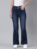 Women's Navy Blue Solid Flared Denim Jeans