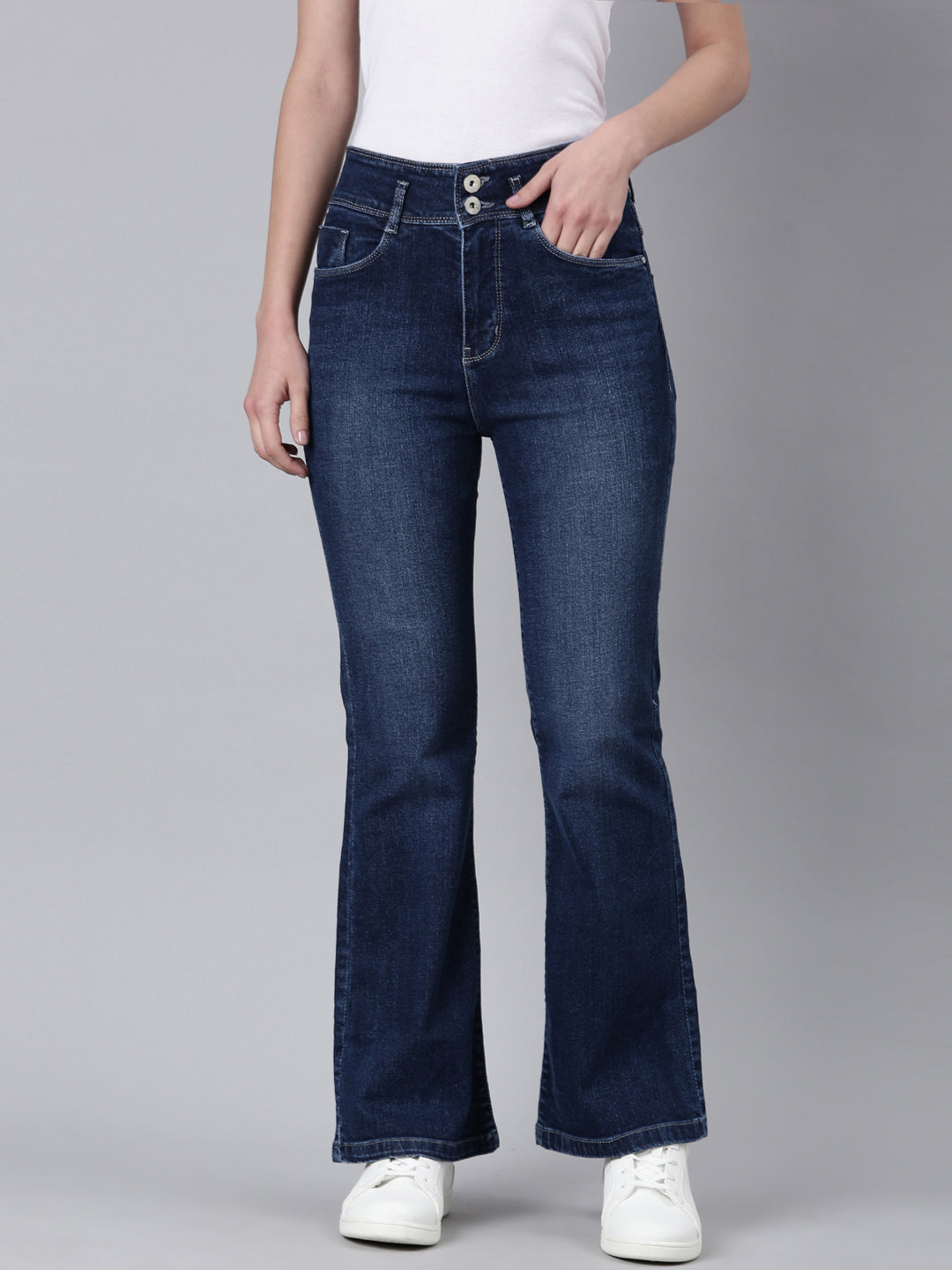 Women's Navy Blue Solid Flared Denim Jeans