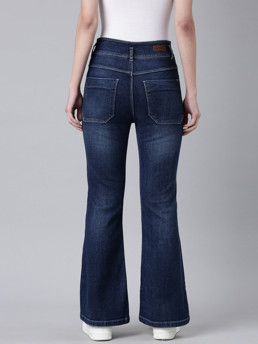 Women's Navy Blue Solid Flared Denim Jeans