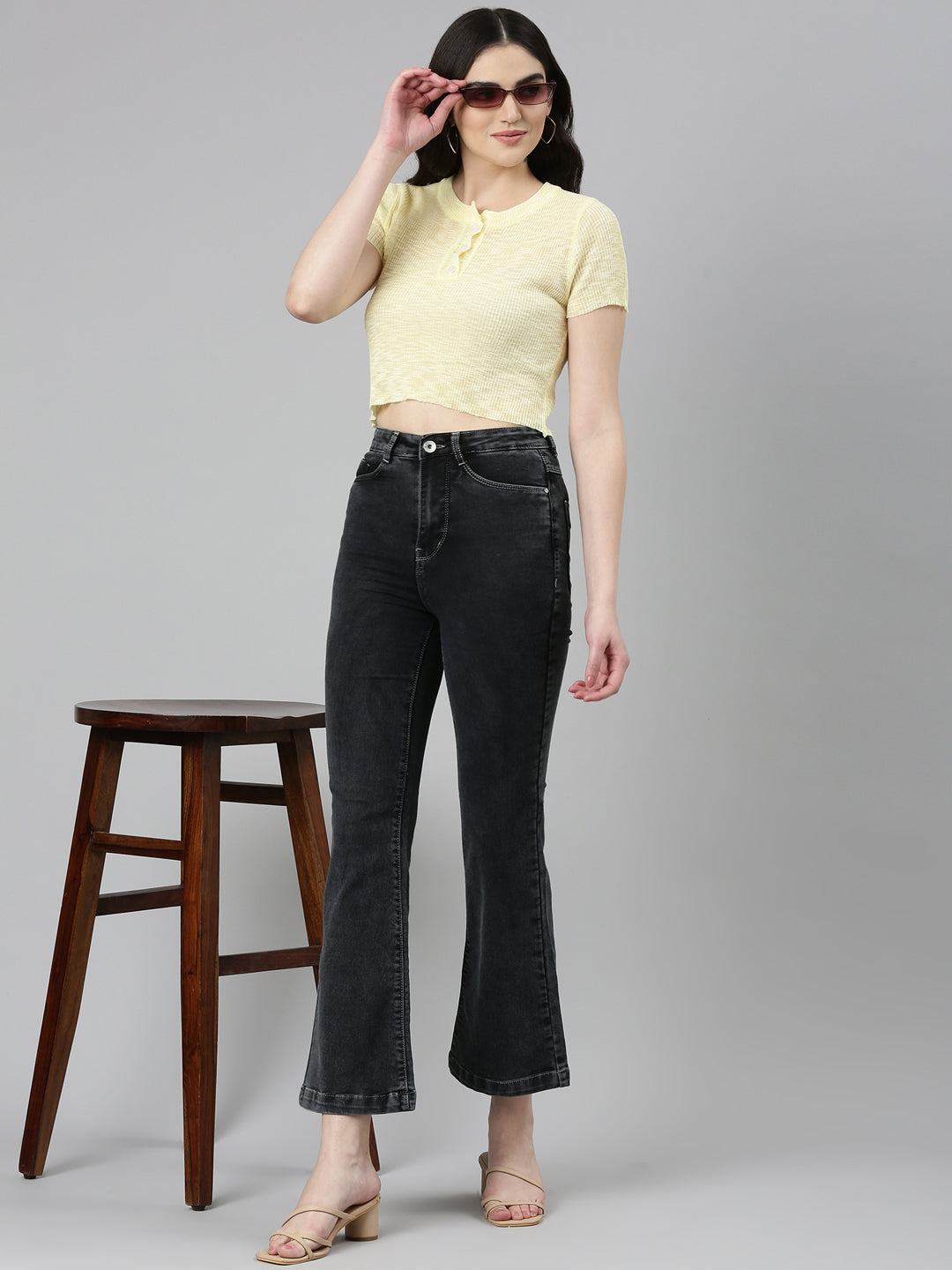 Women's Black Flared Fit High-Raise Denim Jeans