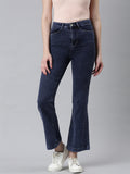 Women's Navy Blue Mid Rise Flared Clean Look Denim Jeans