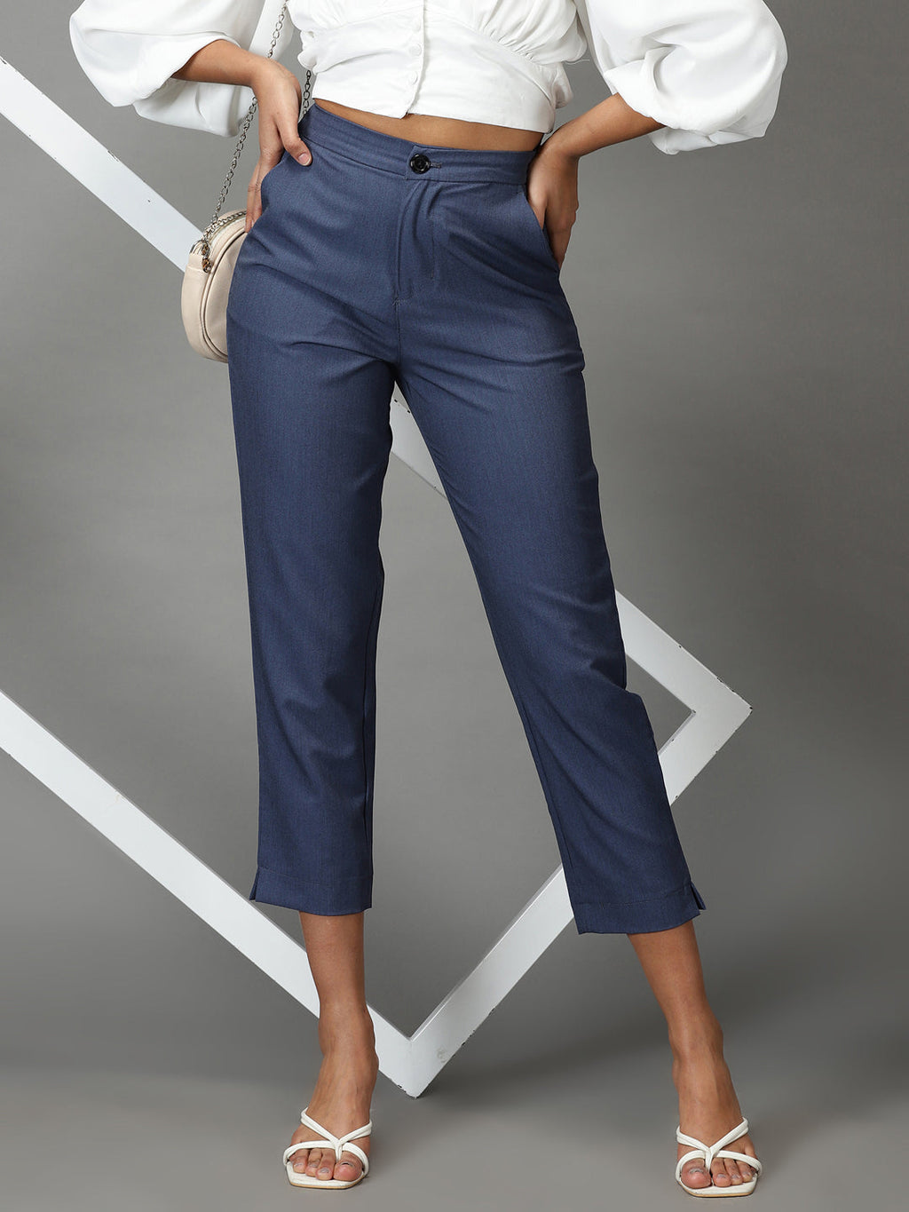 Women's Blue Mom Fit Cotton Formal Trousers