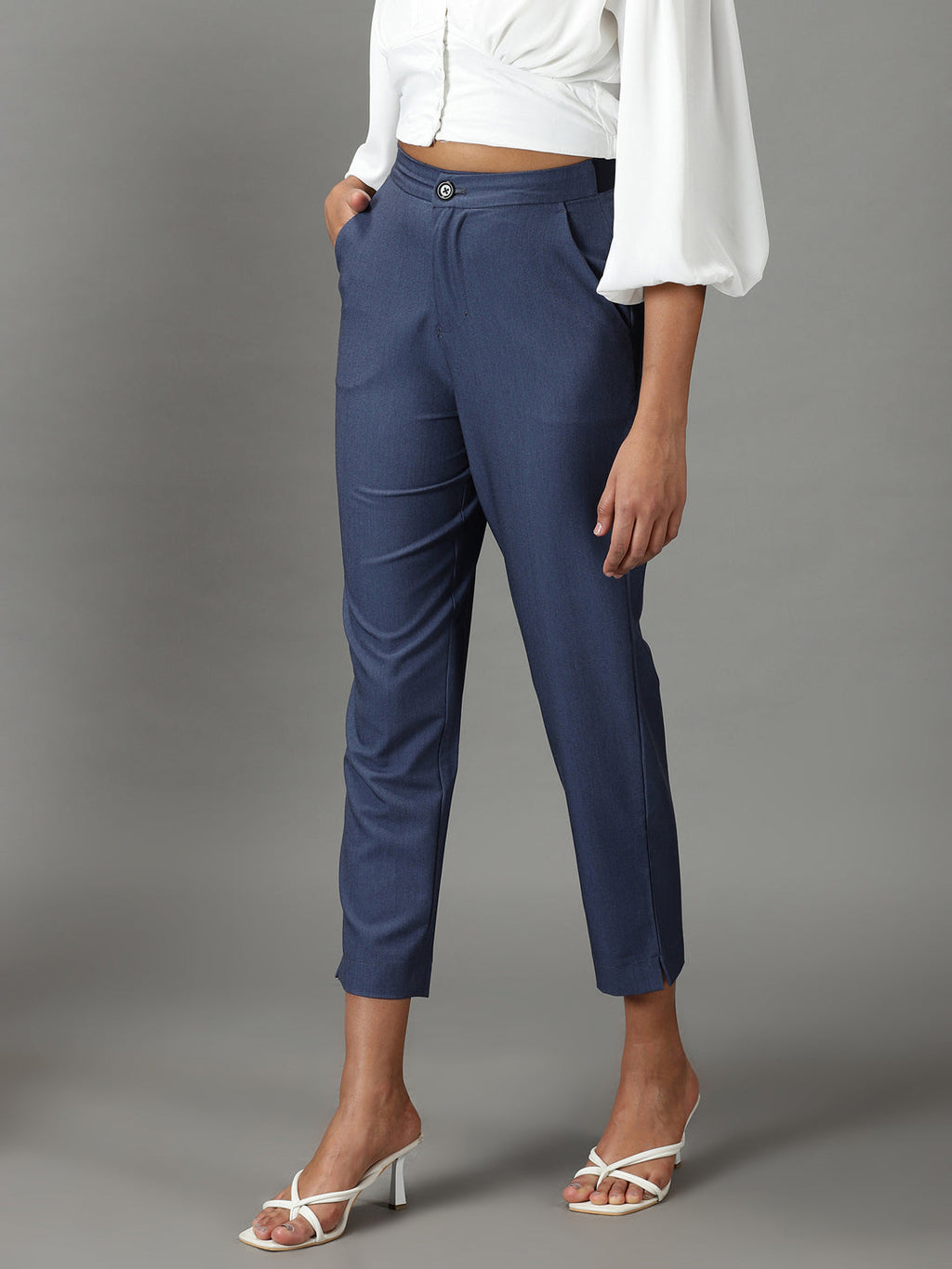 Women's Blue Mom Fit Cotton Formal Trousers