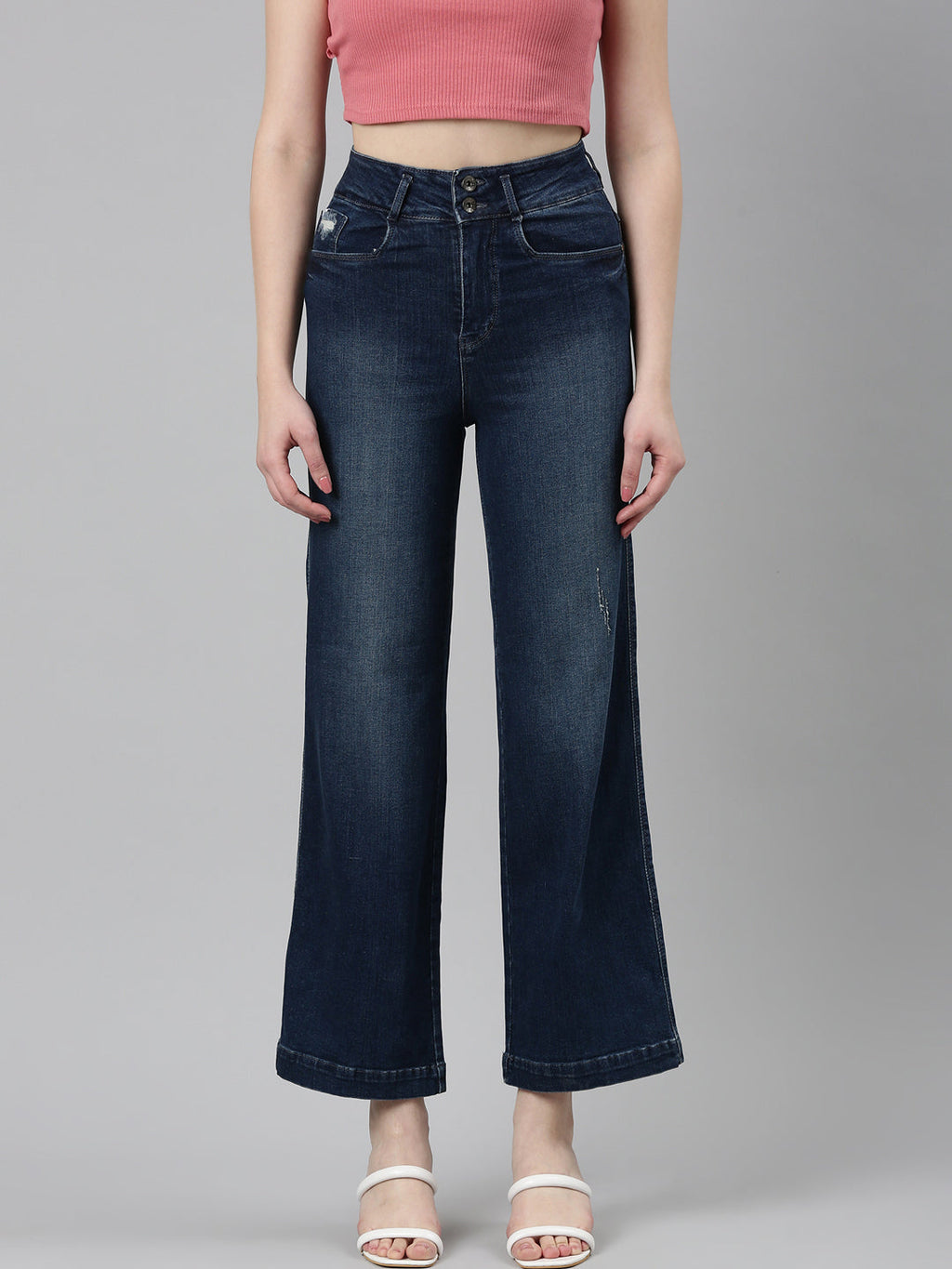 Women's Navy Blue Acid Wash Wide Leg Mid-Rise Denim Jeans