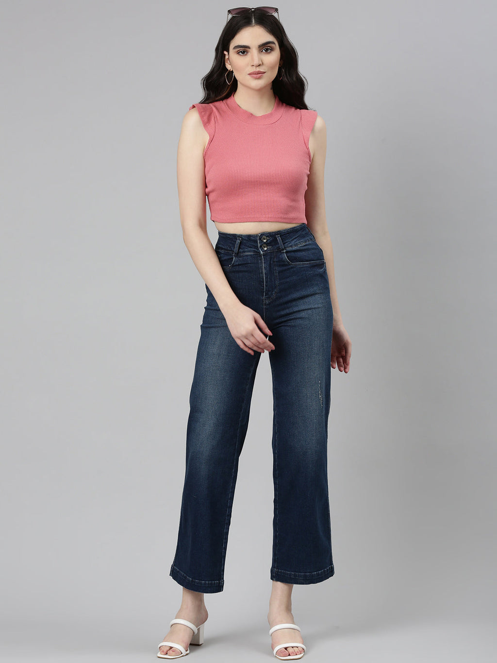 Women's Navy Blue Acid Wash Wide Leg Mid-Rise Denim Jeans