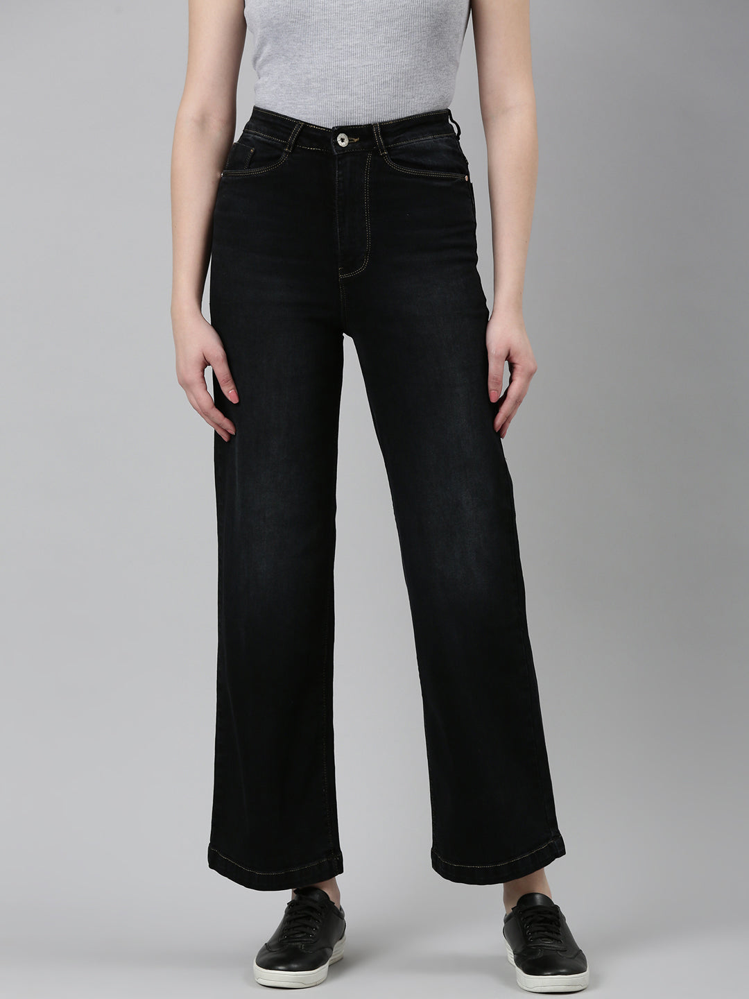 Women's Black Wide Leg Light Fade Acid Wash Denim Jeans