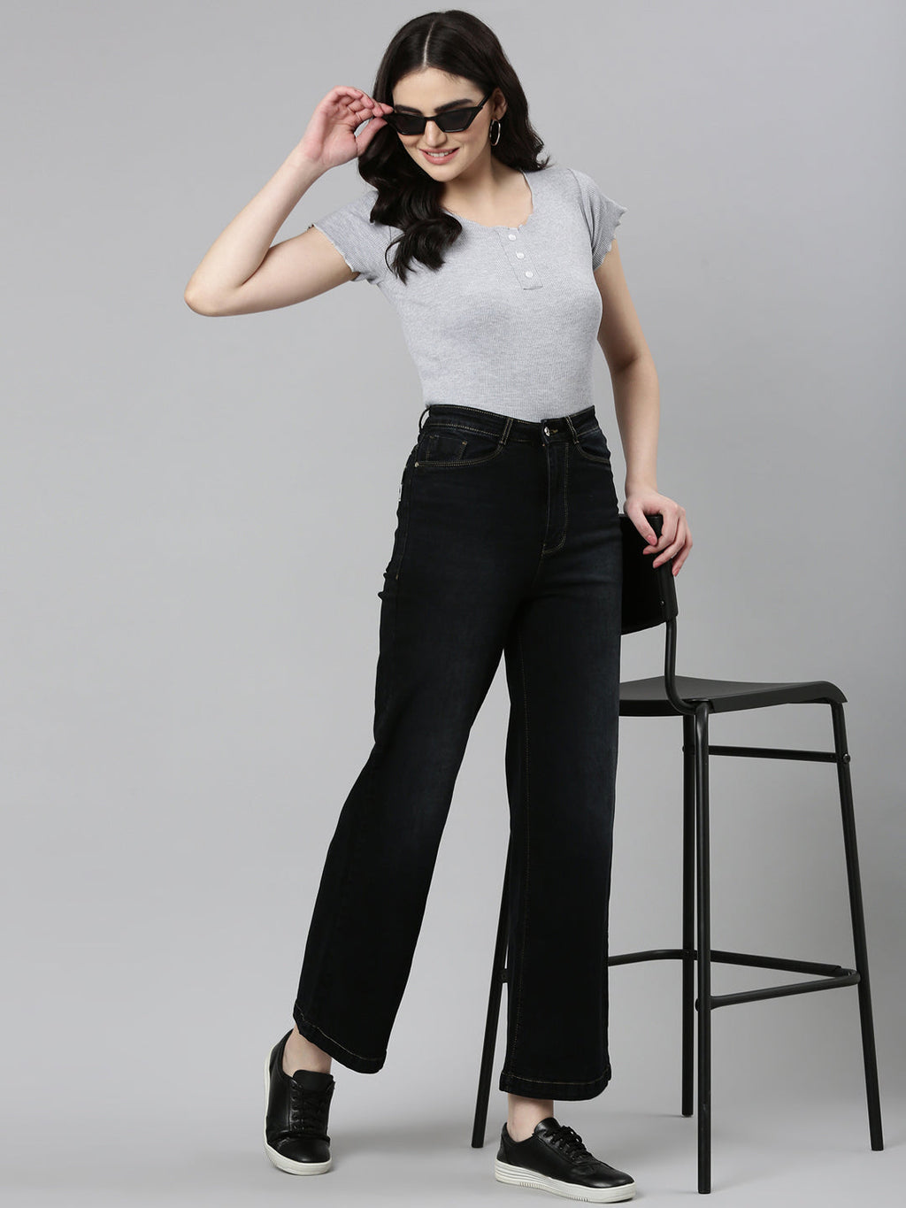 Women's Black Wide Leg Light Fade Acid Wash Denim Jeans