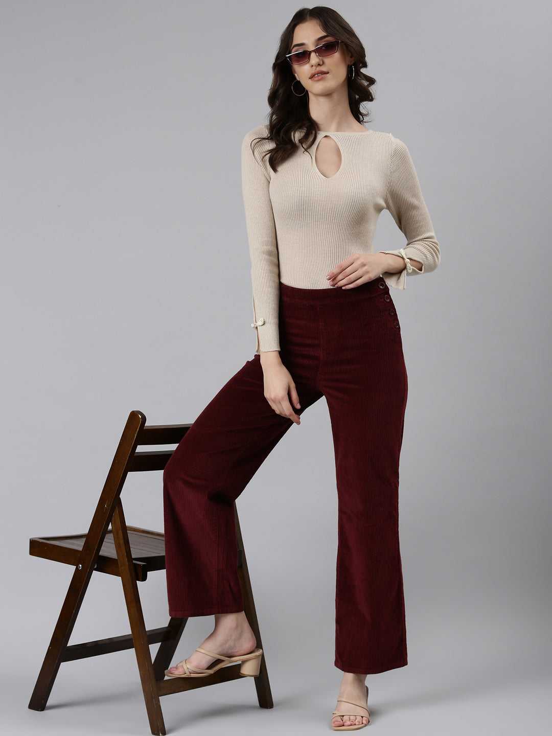 Women's Red Straight Fit High-Rise Parallel Trousers
