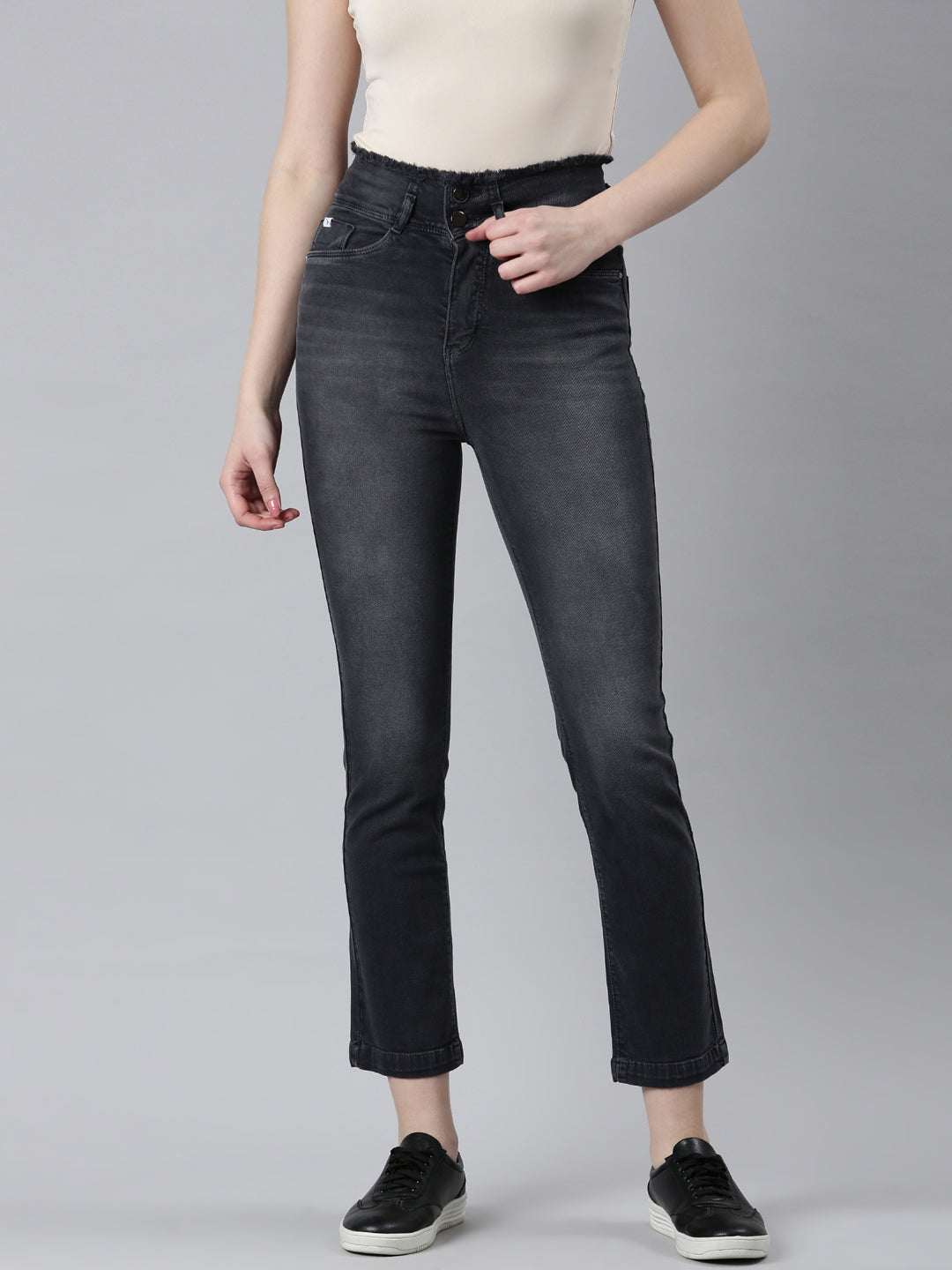 Women's Black Straight Fit Light Fade Acid Wash Denim Jeans