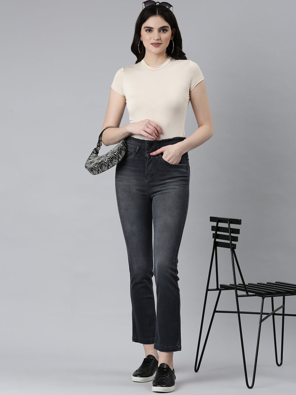 Women's Black Straight Fit Light Fade Acid Wash Denim Jeans