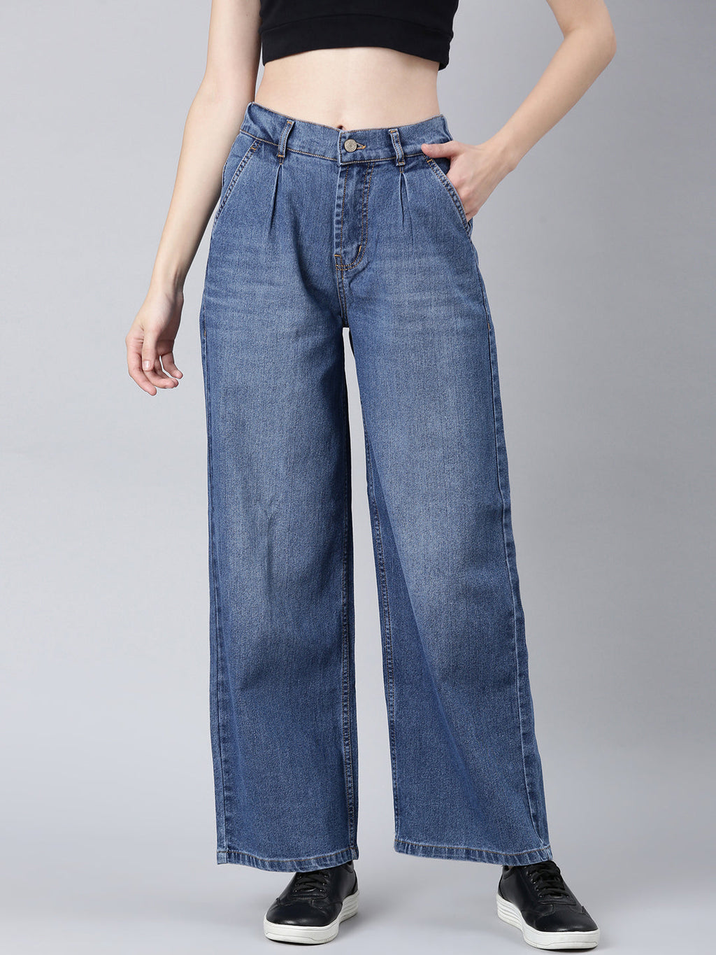 Women's Blue Wide Leg Light Fade Stretchable Denim Jeans