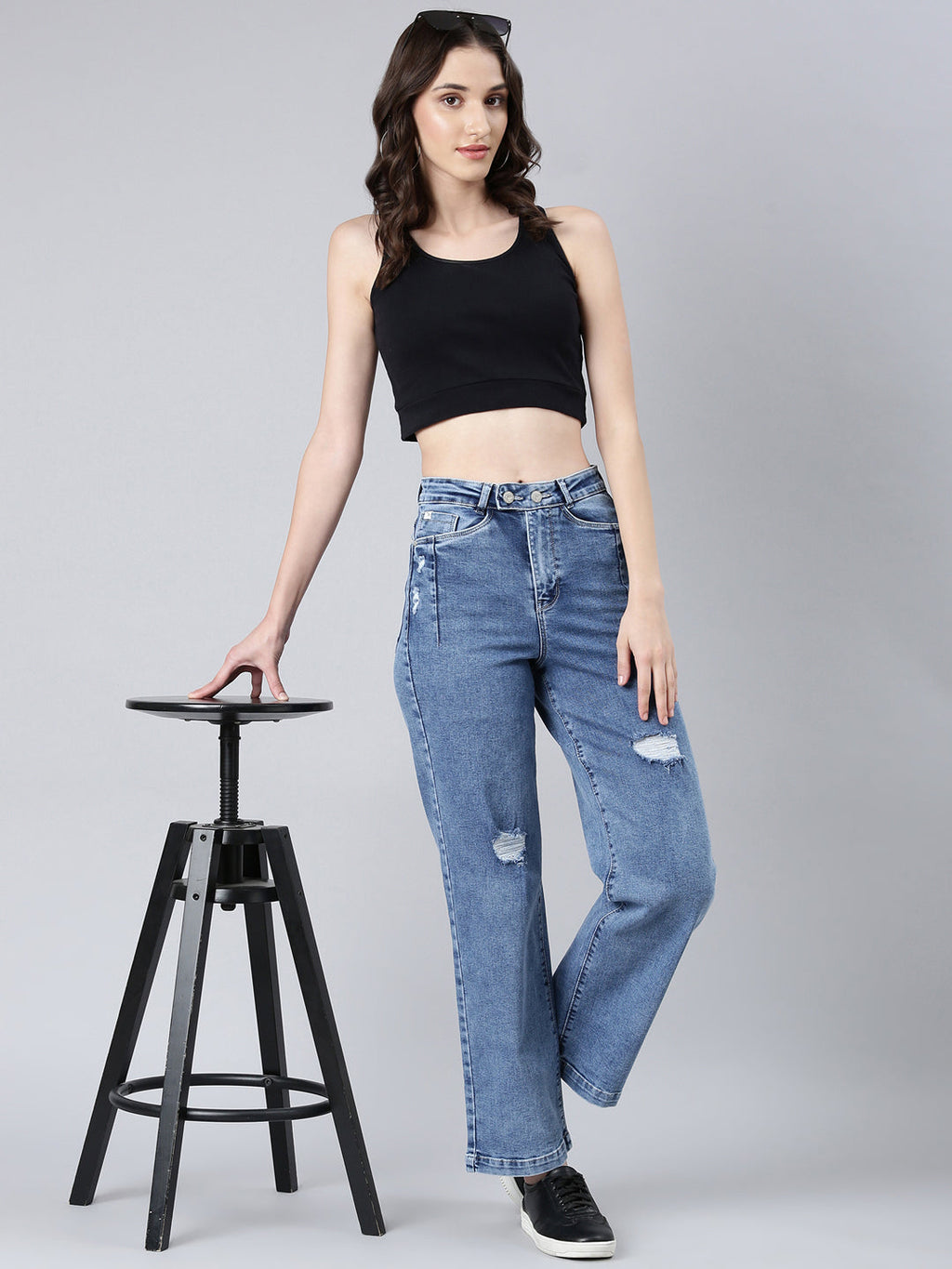 Women's Blue Wide Leg Heavy Fade Acid Wash Denim Jeans