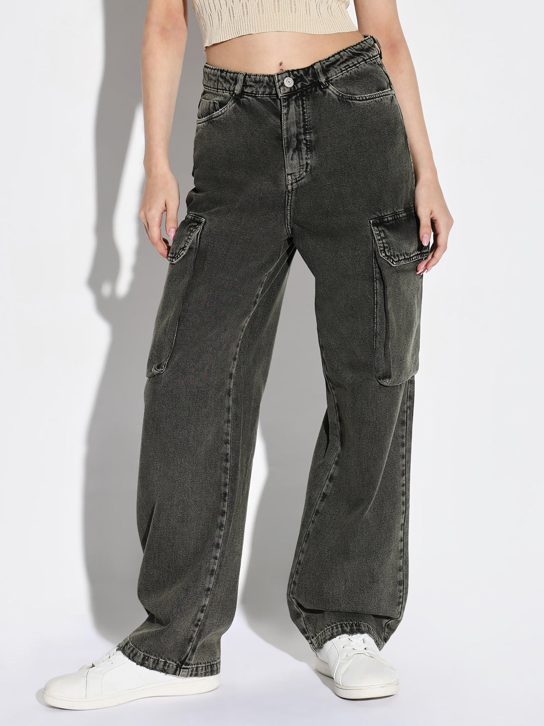 Women's Olive Denim Comfort Wide Leg Light Fade Acid Wash Jeans