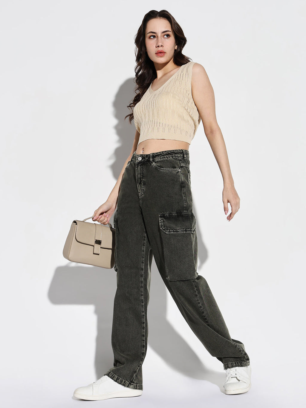Women's Olive Denim Comfort Wide Leg Light Fade Acid Wash Jeans