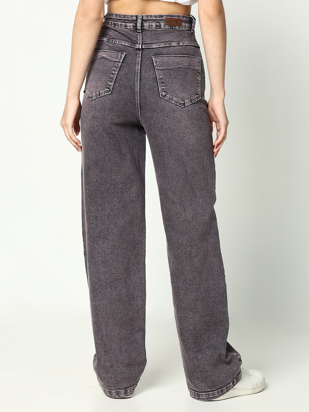 Women's Grey Cotton Mid-Rise Comfort Wide Leg Heavy Fade Jeans