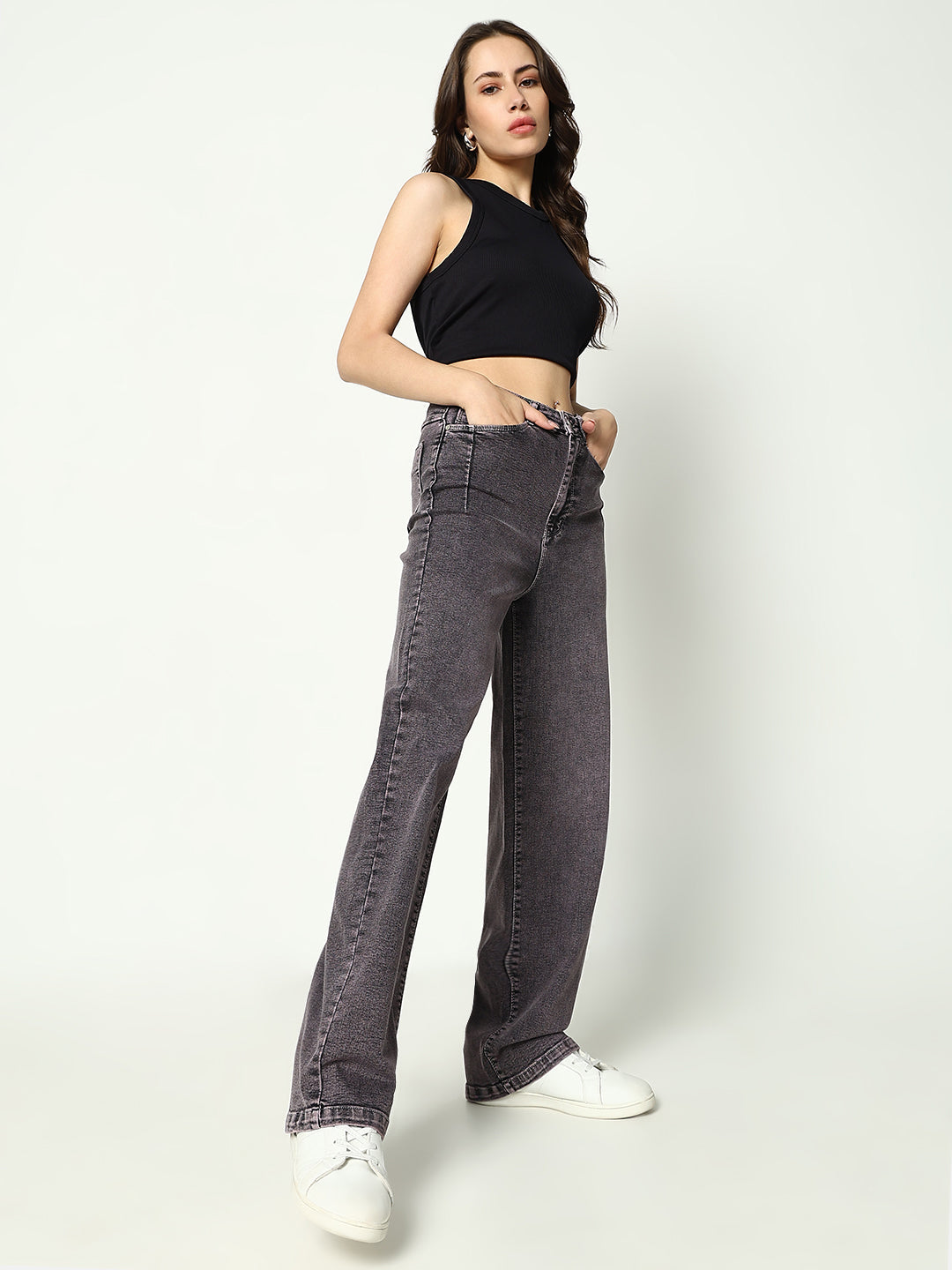 Women's Grey Cotton Mid-Rise Comfort Wide Leg Heavy Fade Jeans