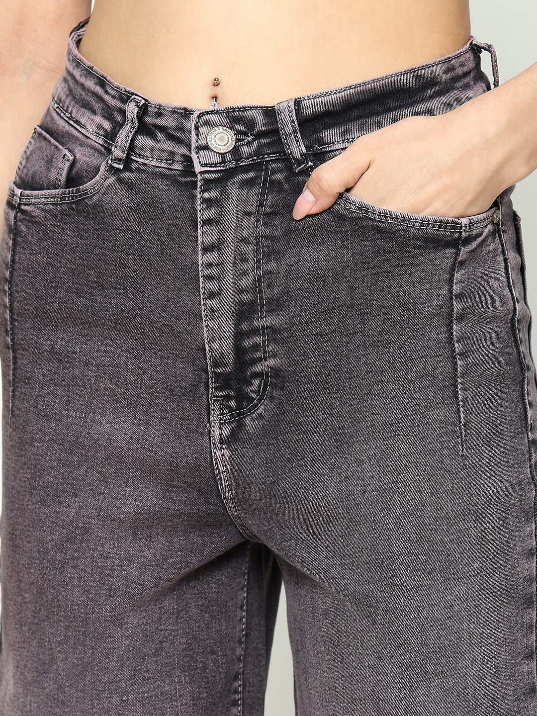 Women's Grey Cotton Mid-Rise Comfort Wide Leg Heavy Fade Jeans