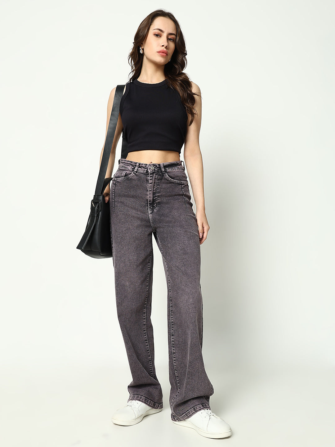 Women's Grey Cotton Mid-Rise Comfort Wide Leg Heavy Fade Jeans